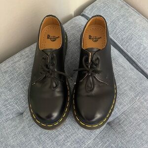 Dr. Martens Smooth Black Leather Oxford Shoe with Yellow Stitching